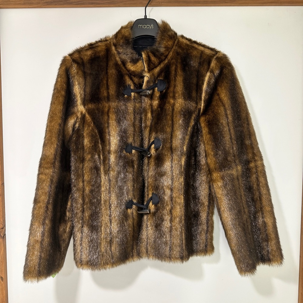 Dennis Basso Studio Reversible Jacket Womens Large Black Suede Brown Faux Fur